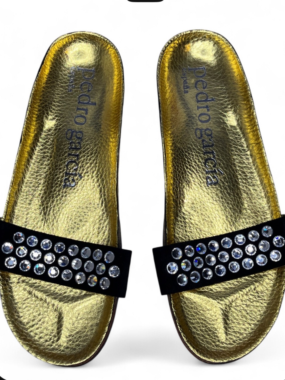 Pedro Garcia Black and Gold Footbed Crystal Rhinestone Sandals Women’s